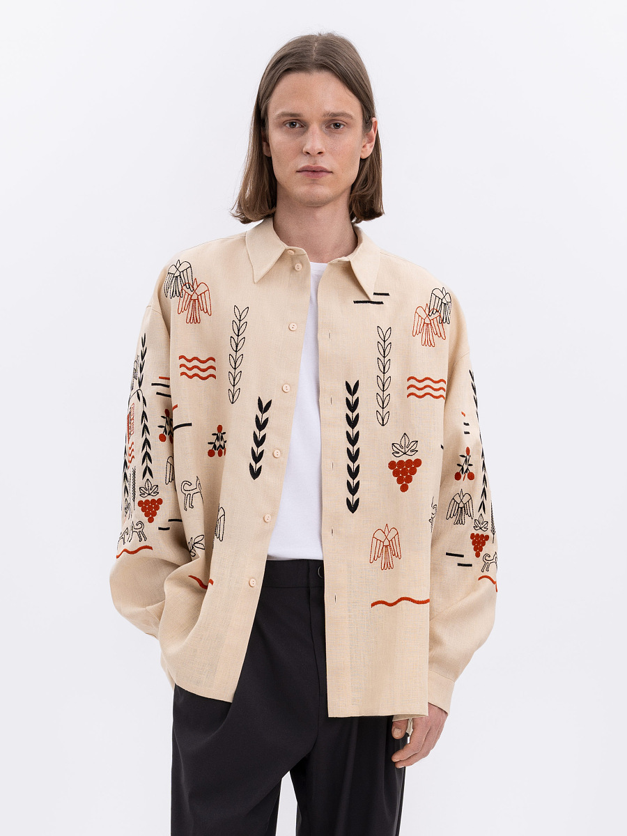 Лляна вишита сорочка бежевого кольору MEN'S SLOVO  фото