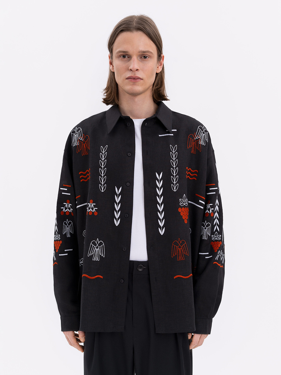 Лляна вишита сорочка чорного кольору MEN'S SLOVO BLACK  фото