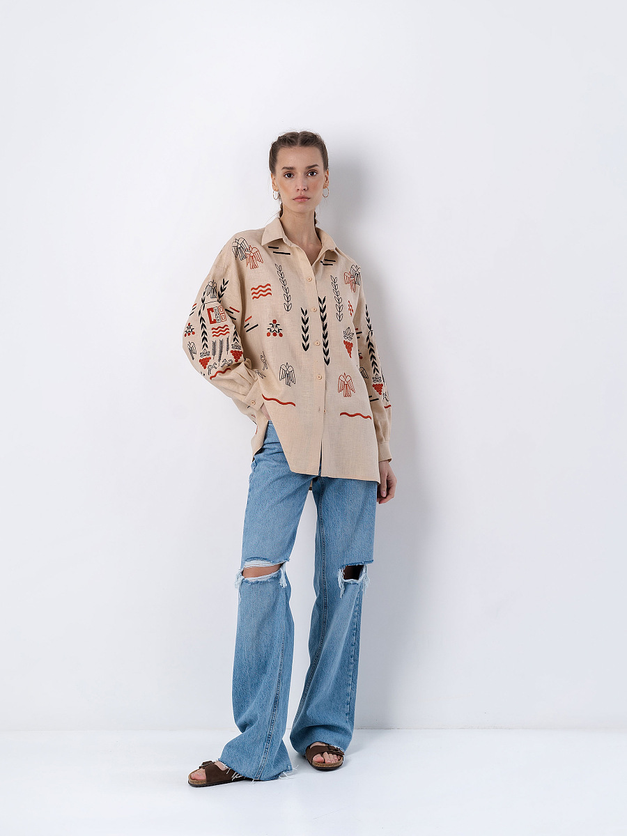 Лляна вишита сорочка бежевого кольору SLOVO  фото 3