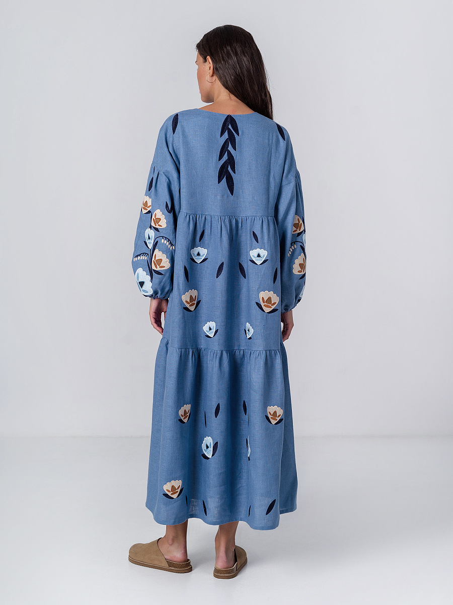 Лляна міді сукня широкого крою Kazka Blue [0]