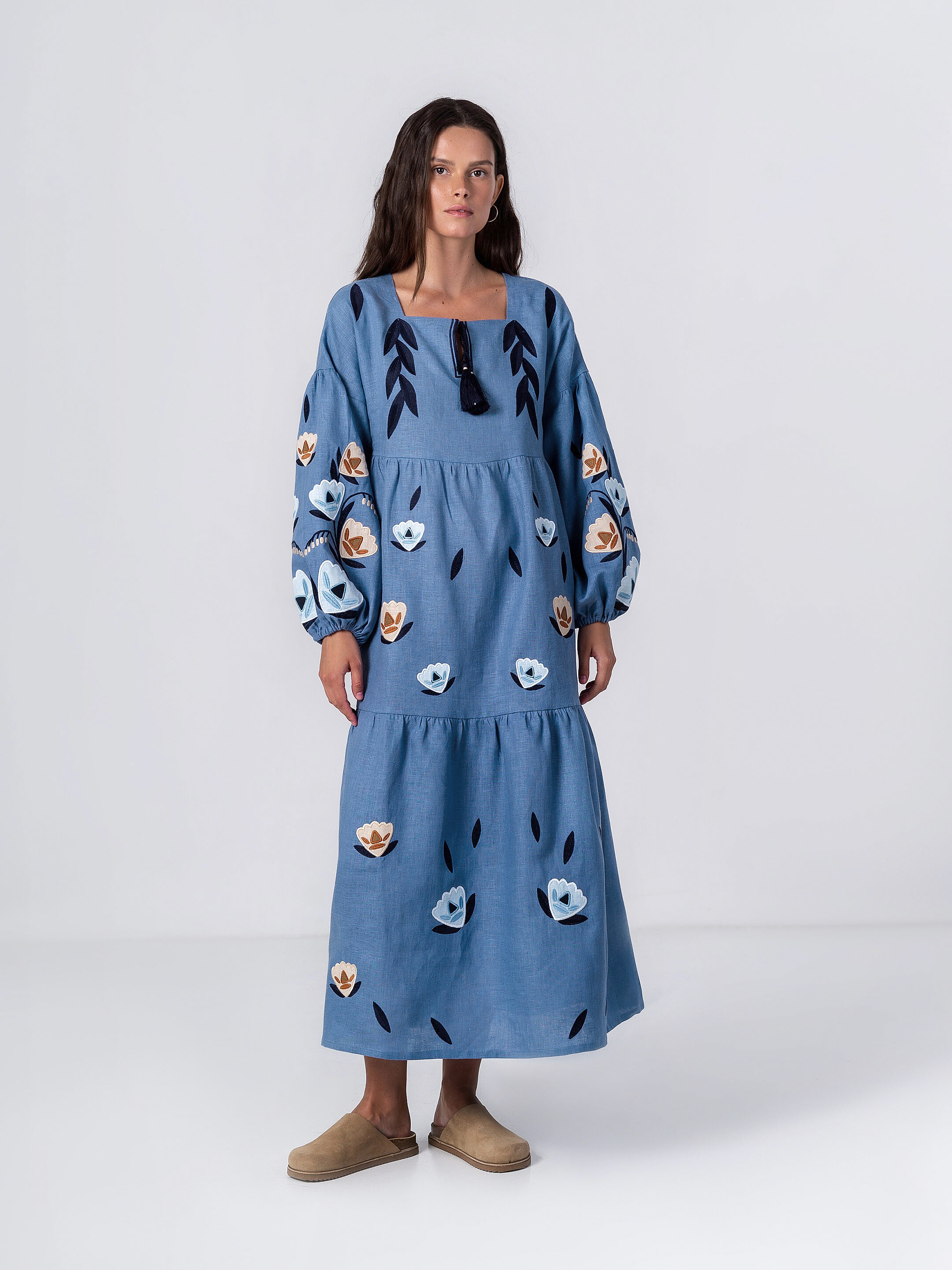 Лляна міді сукня широкого крою Kazka Blue Купити
