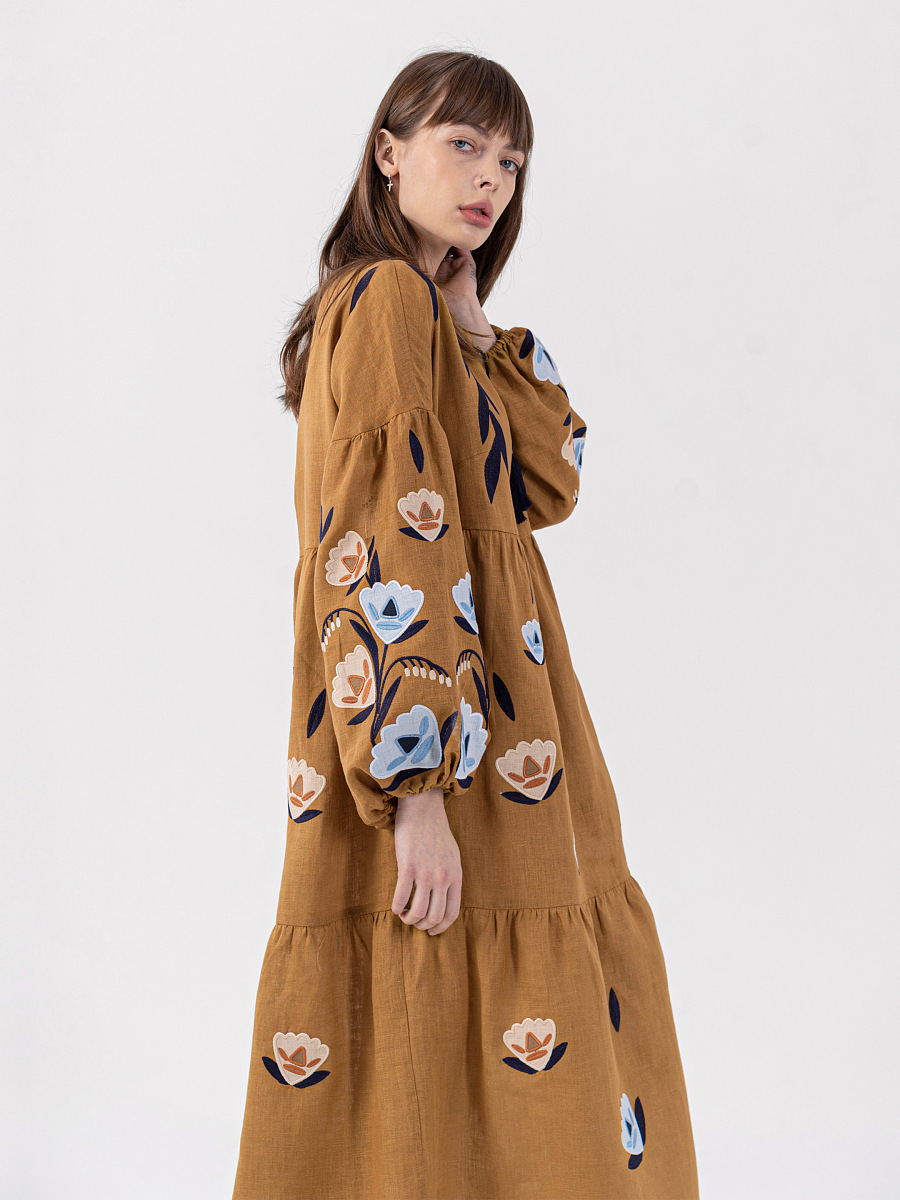 Лляна сукня c вишивкою Kazka Brown [0]