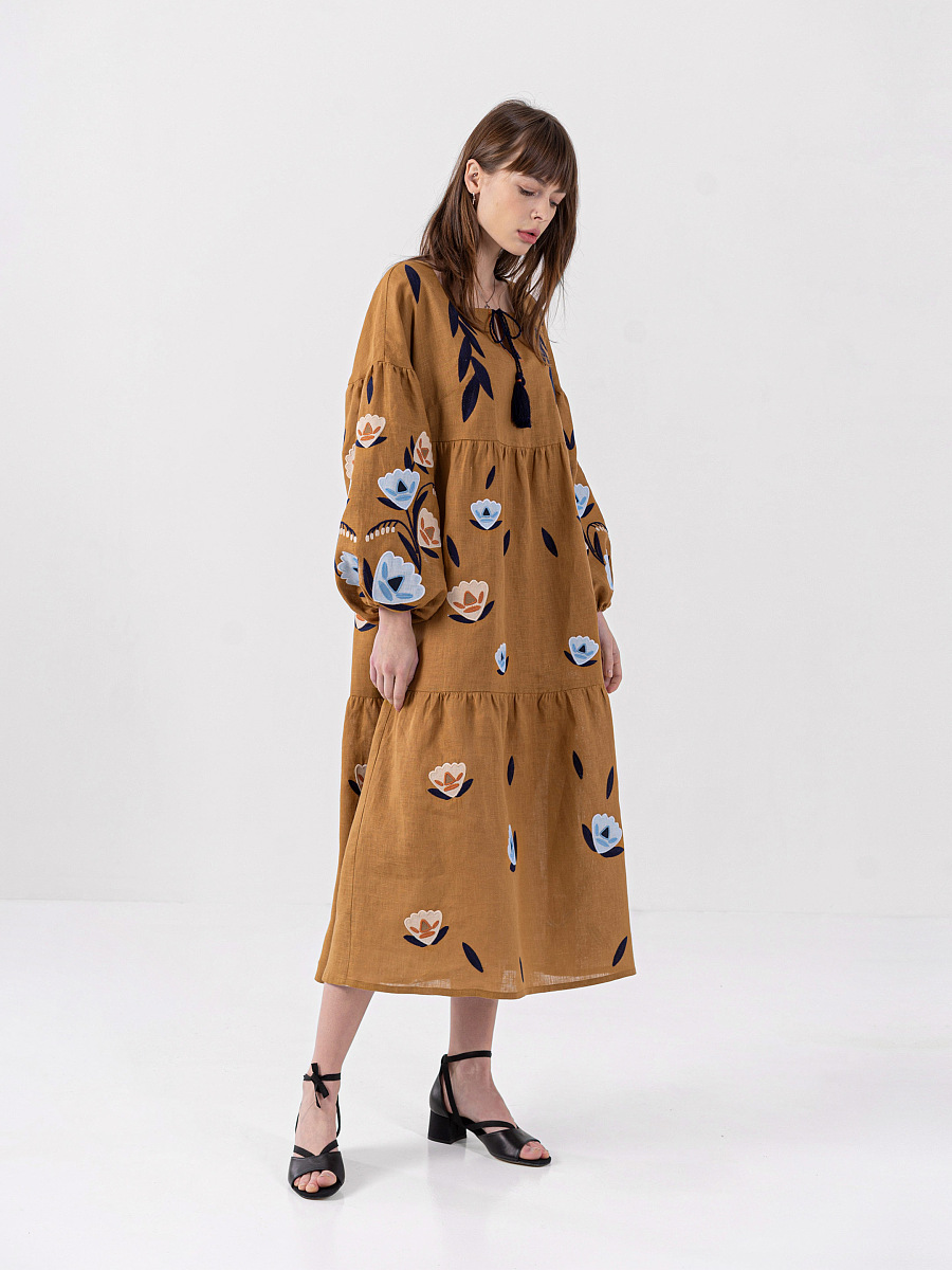 Лляна сукня c вишивкою Kazka Brown [0]