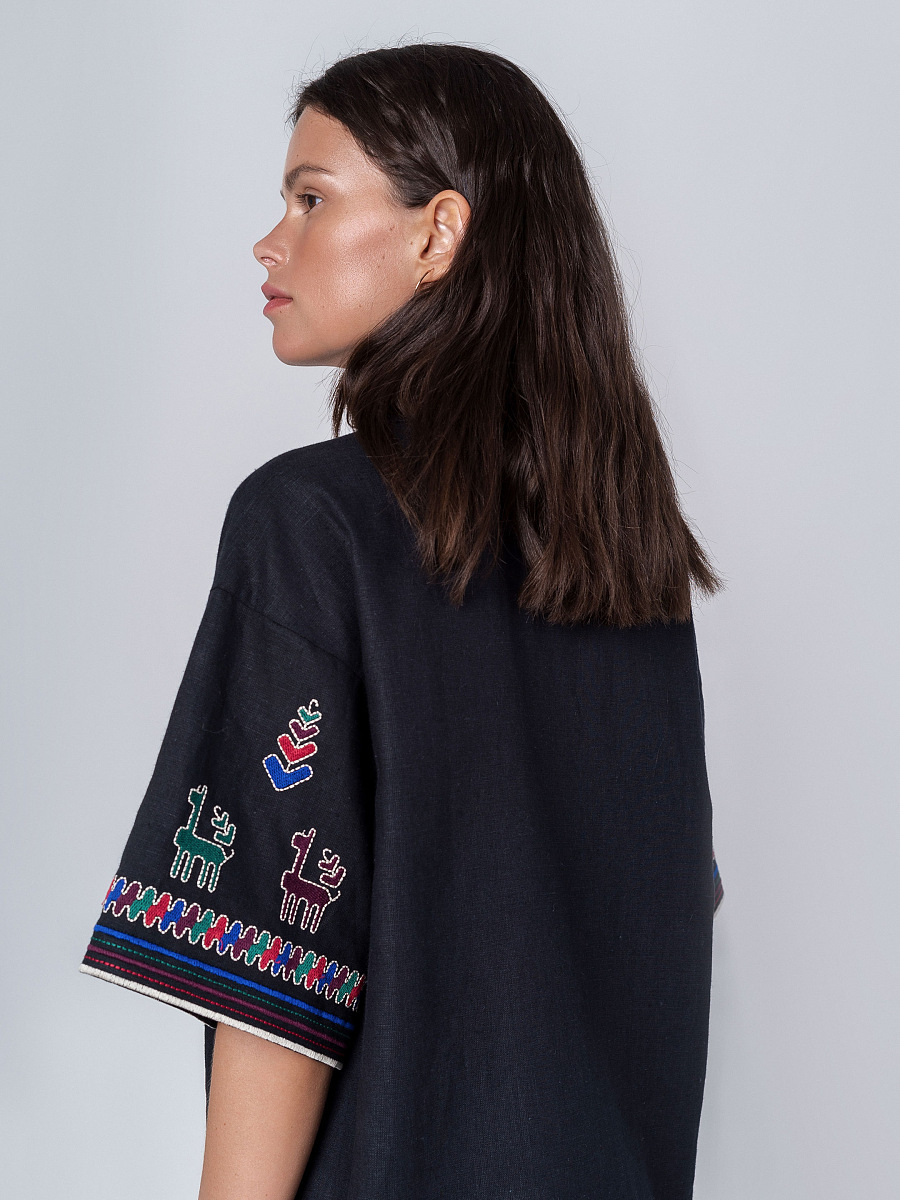 Лляна сорочка з коротким рукавом та вишивкою Konyk dark  фото 5