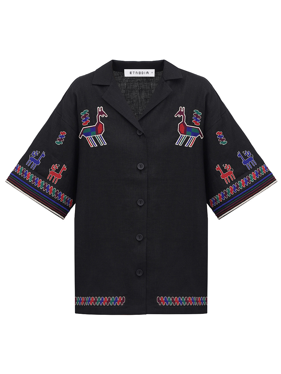 Лляна сорочка з коротким рукавом та вишивкою Konyk dark  фото 8