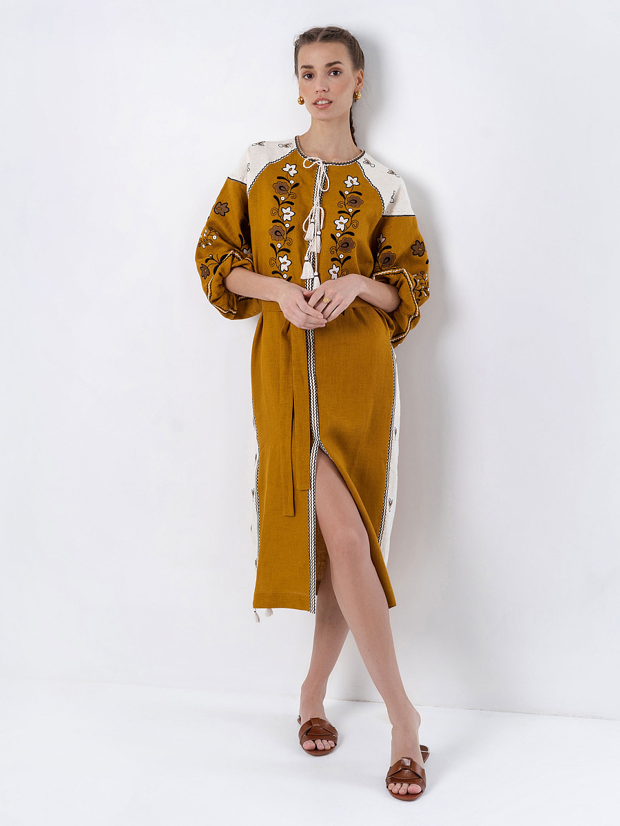Лляна сукня з рослинним орнаментом April Yellow [0]