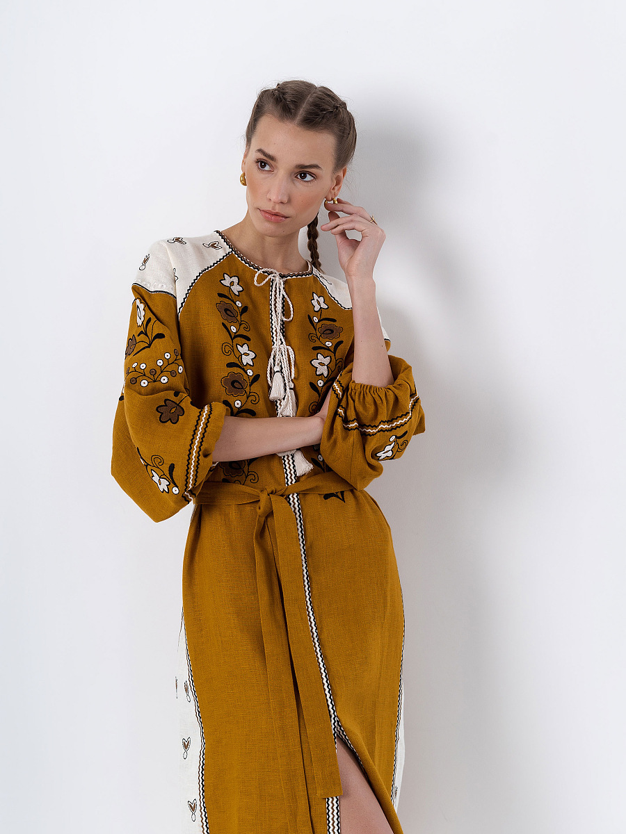 Лляна сукня з рослинним орнаментом April Yellow [0]