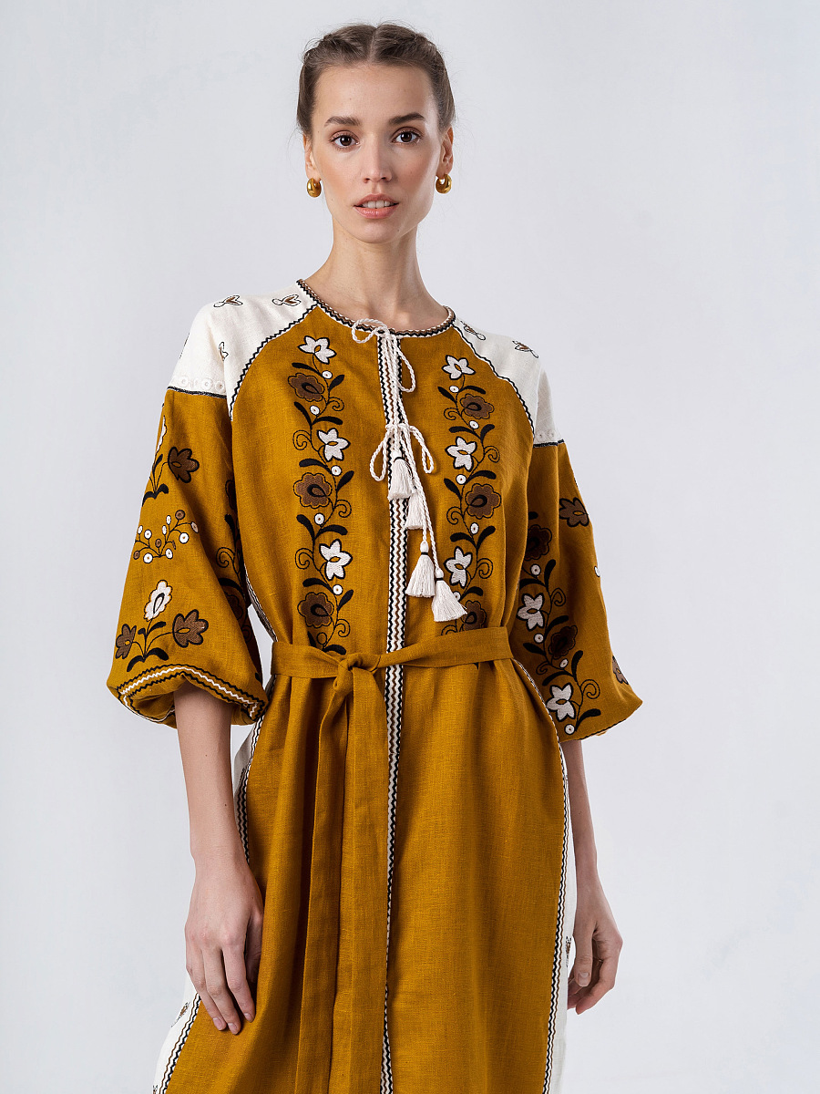 Лляна сукня з рослинним орнаментом April Yellow [0]