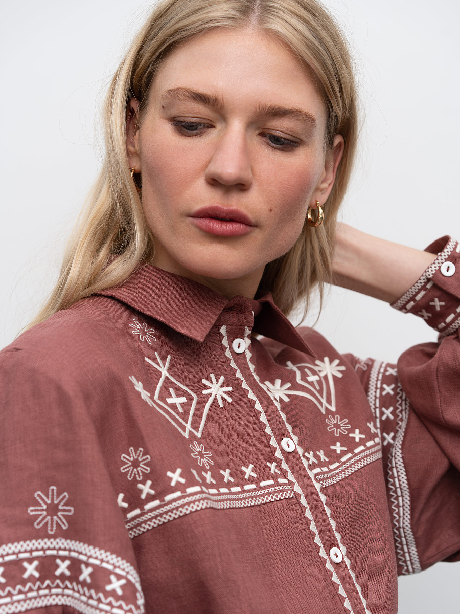 Теракотова лляна сорочка з вишивкою Tsvit Tera  фото 2