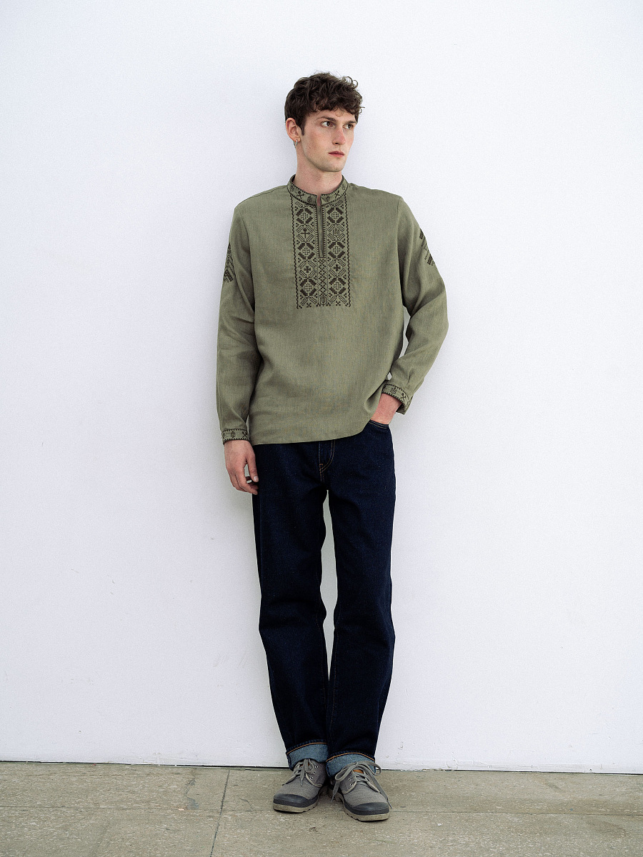 Чоловіча вишиванка з льону кольору хакі Vidsich Khaki  фото 2