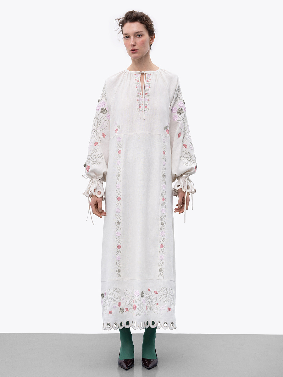 Довга лляна вишита сукня з квітковими мотивами "Розмай"  фото