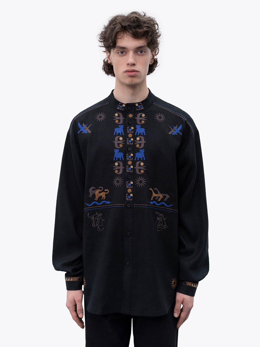 Чоловіча лляна сорочка на ґудзиках з вишивкою "Звір"  фото 3