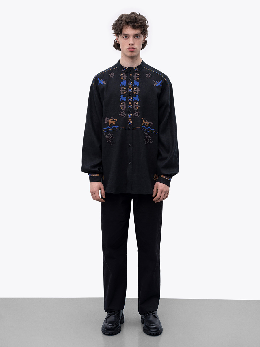 Чоловіча лляна сорочка на ґудзиках з вишивкою "Звір"  фото 2