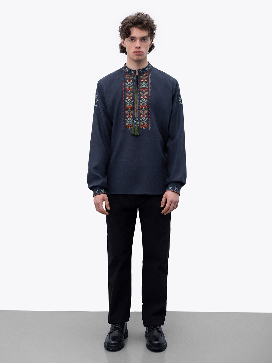 Темно-синя чоловіча вишита сорочка "Ліс"  фото
