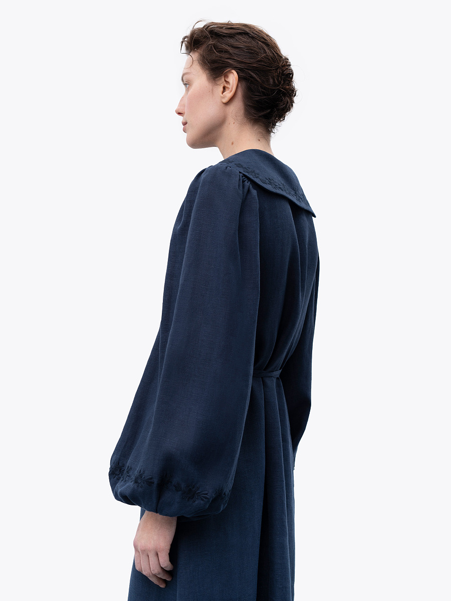 Лляна сукня з вишивкою в тон "Первоцвіт" Синя  фото 2