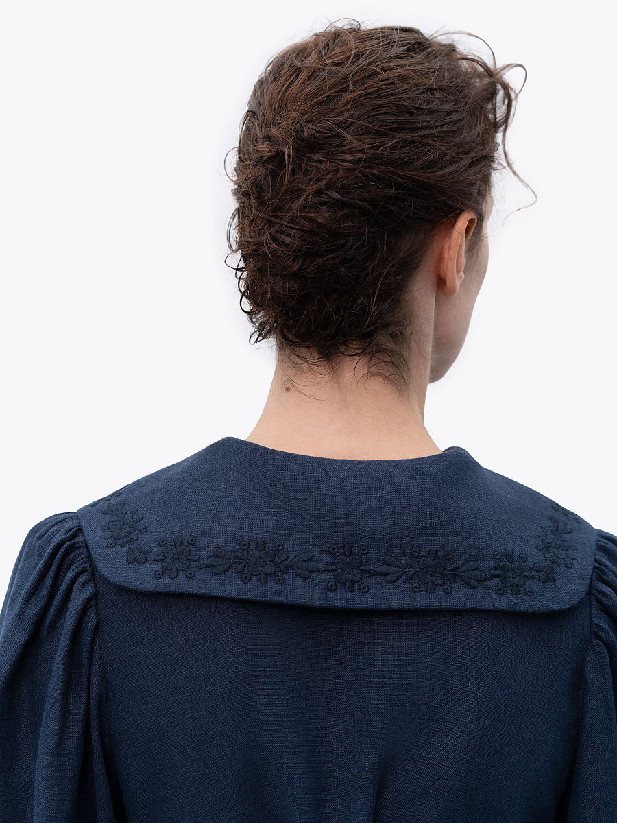 Лляна сукня з вишивкою в тон "Первоцвіт" Синя  фото 3