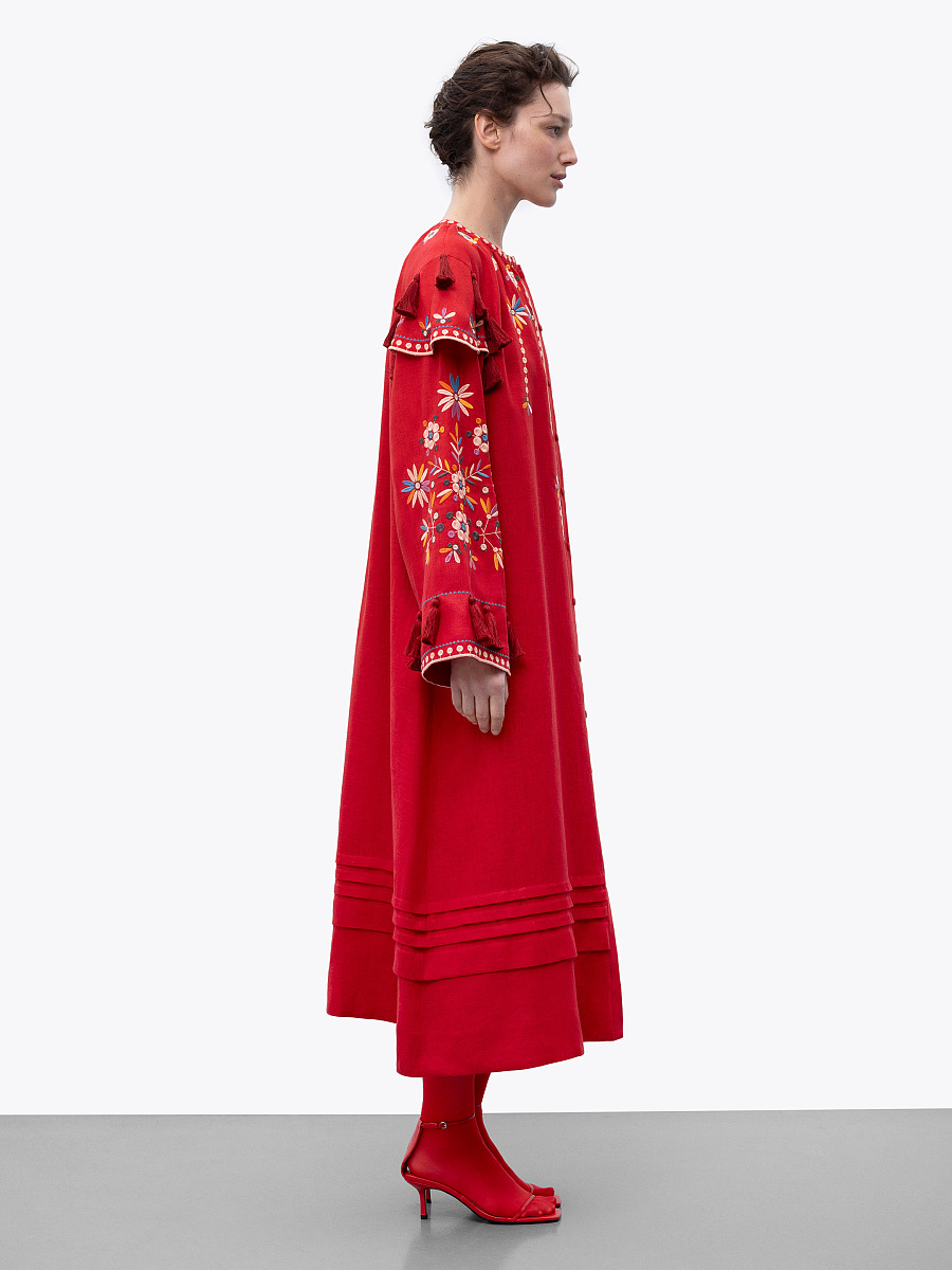 Червона лляна вишита сукня з квітковими мотивами та китицями "Веснянка"  фото 2