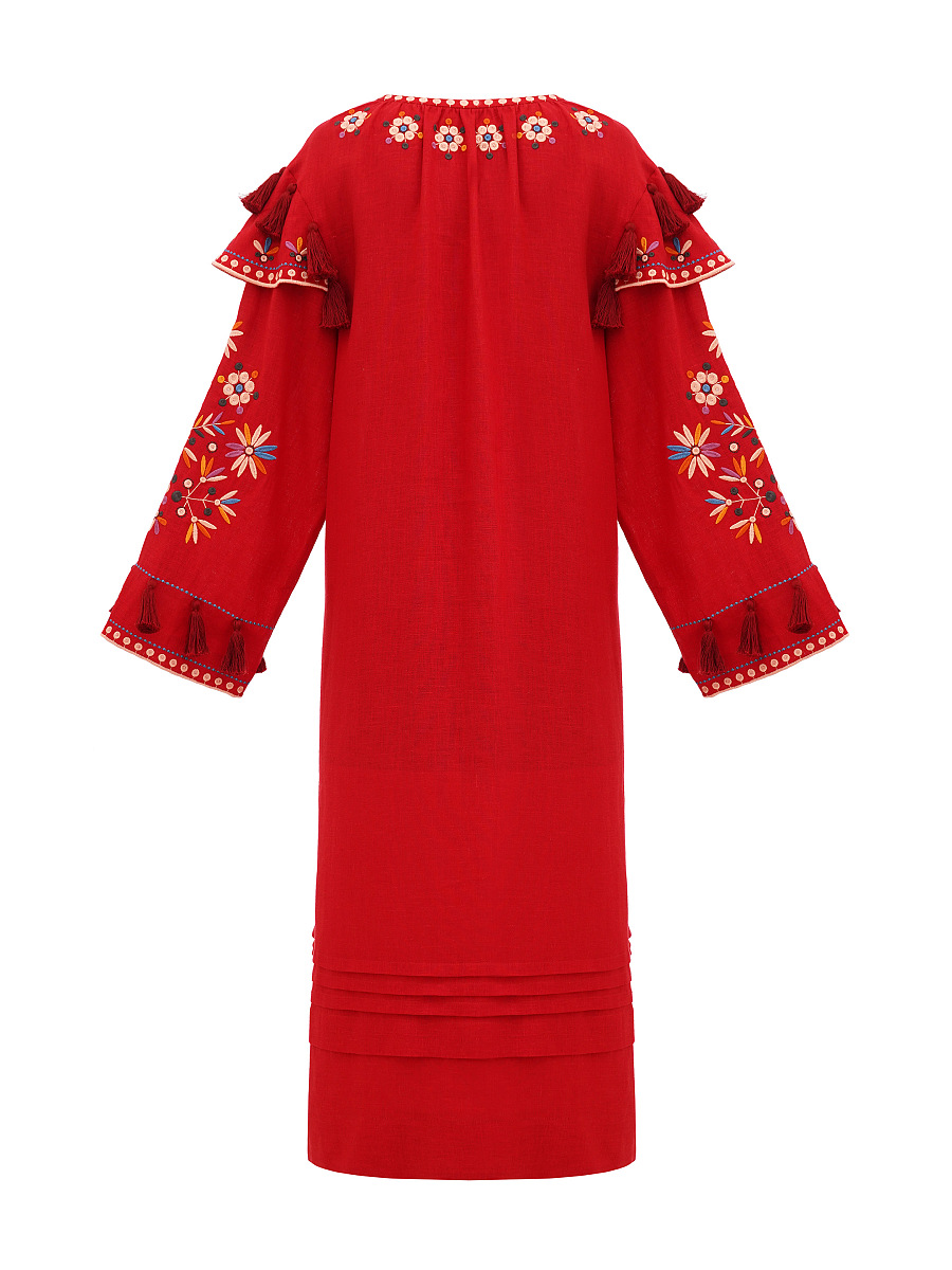 Червона лляна вишита сукня з квітковими мотивами та китицями "Веснянка"  фото 7
