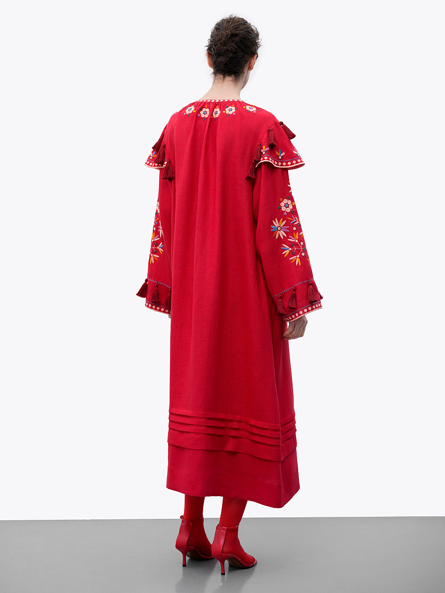 Червона лляна вишита сукня з квітковими мотивами та китицями "Веснянка"  фото 4