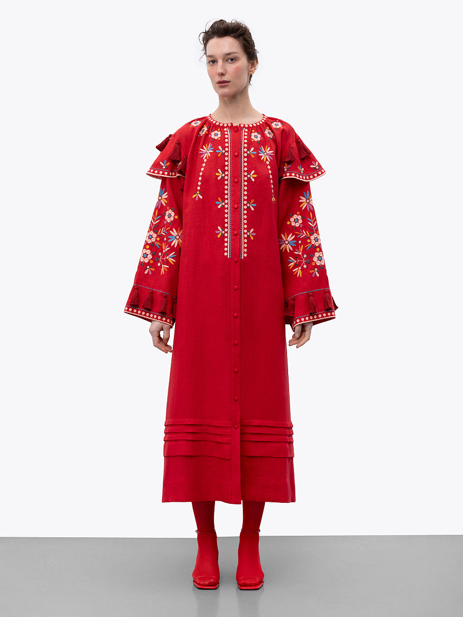 Червона лляна вишита сукня з квітковими мотивами та китицями "Веснянка"  фото