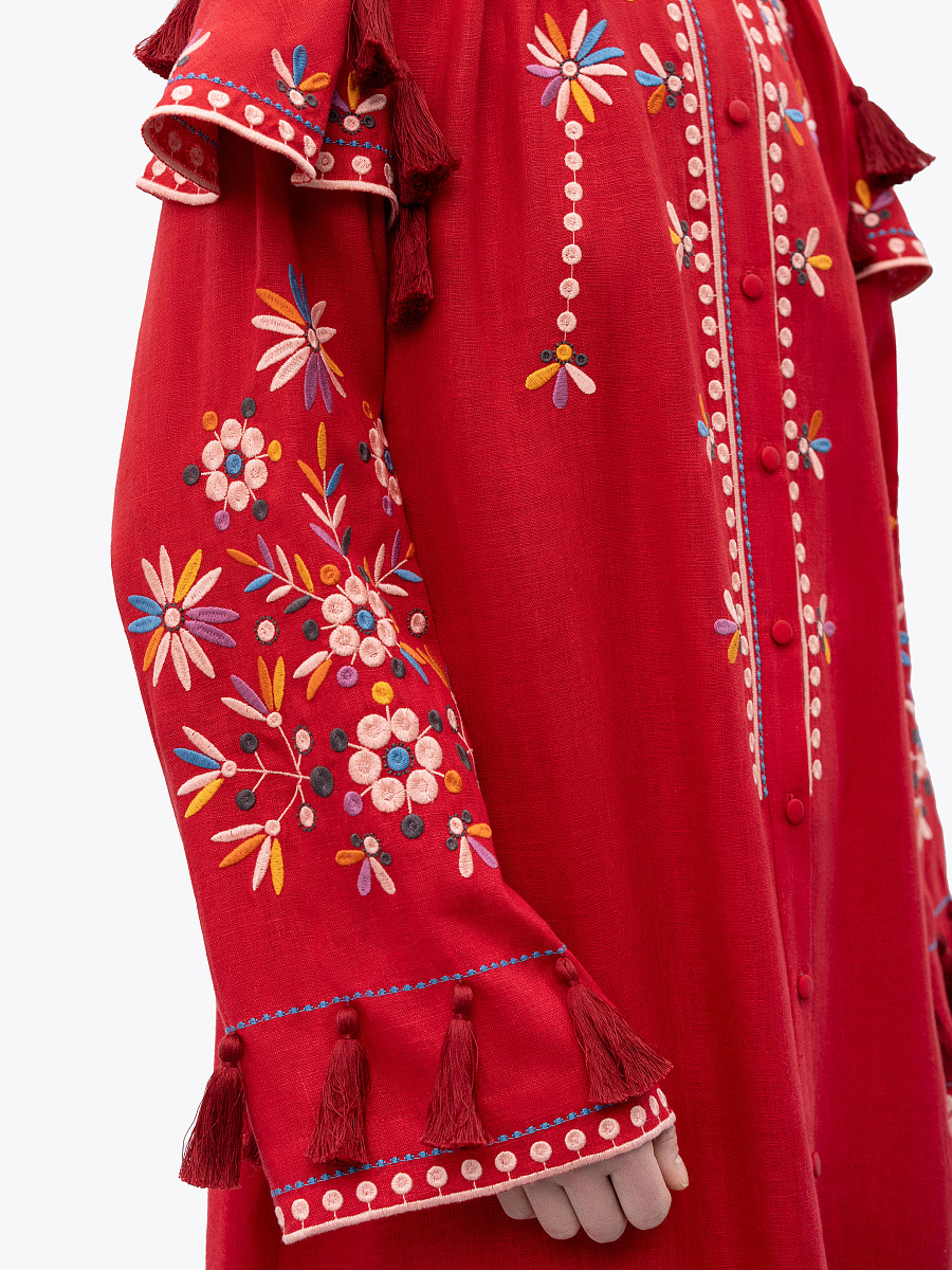 Червона лляна вишита сукня з квітковими мотивами та китицями "Веснянка"  фото 5