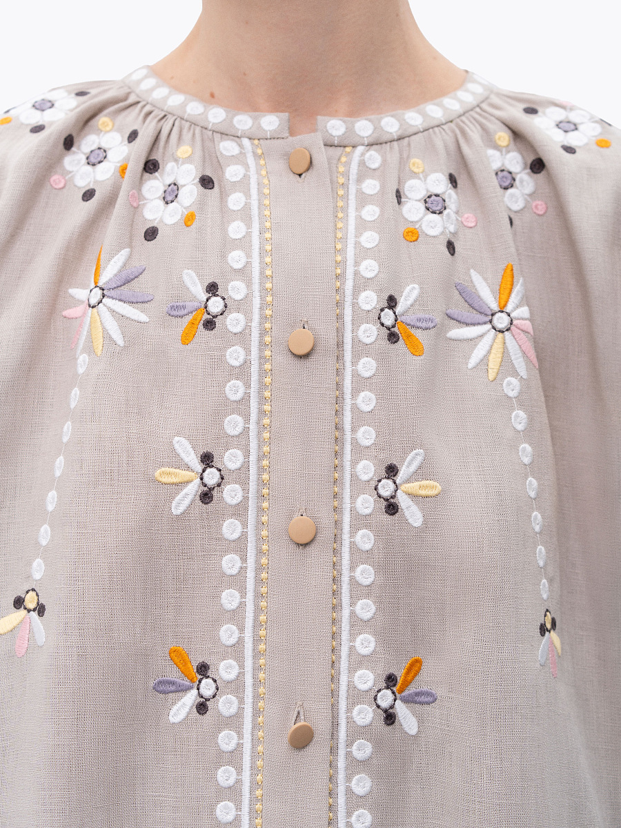Бежева лляна вишита сукня з квітковими мотивами та китицями "Веснянка"  фото 5