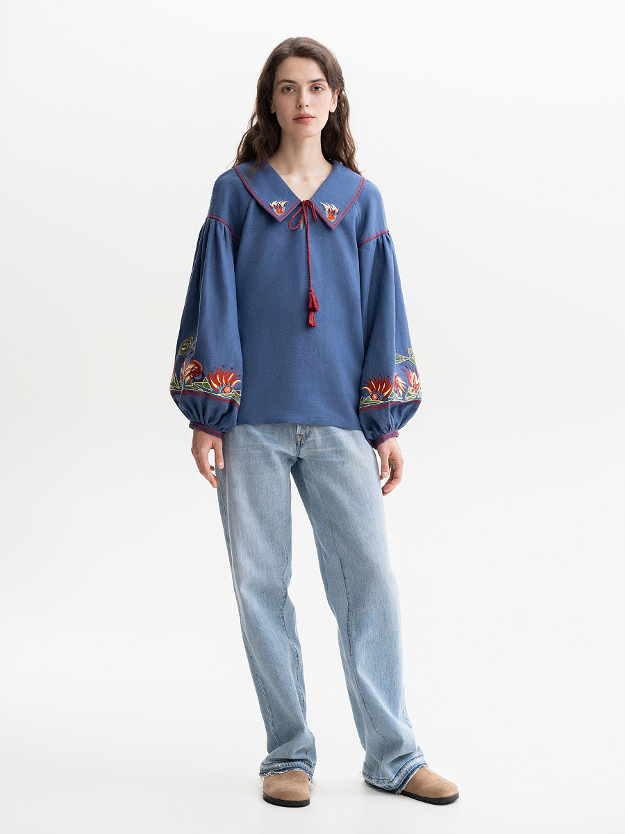Жіноча вишиванка синього кольору із барвистою вишивкою "Маріуполь"  фото 4