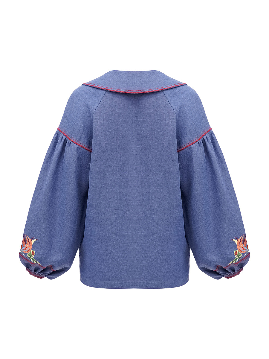 Жіноча вишиванка синього кольору із барвистою вишивкою "Маріуполь"  фото 7