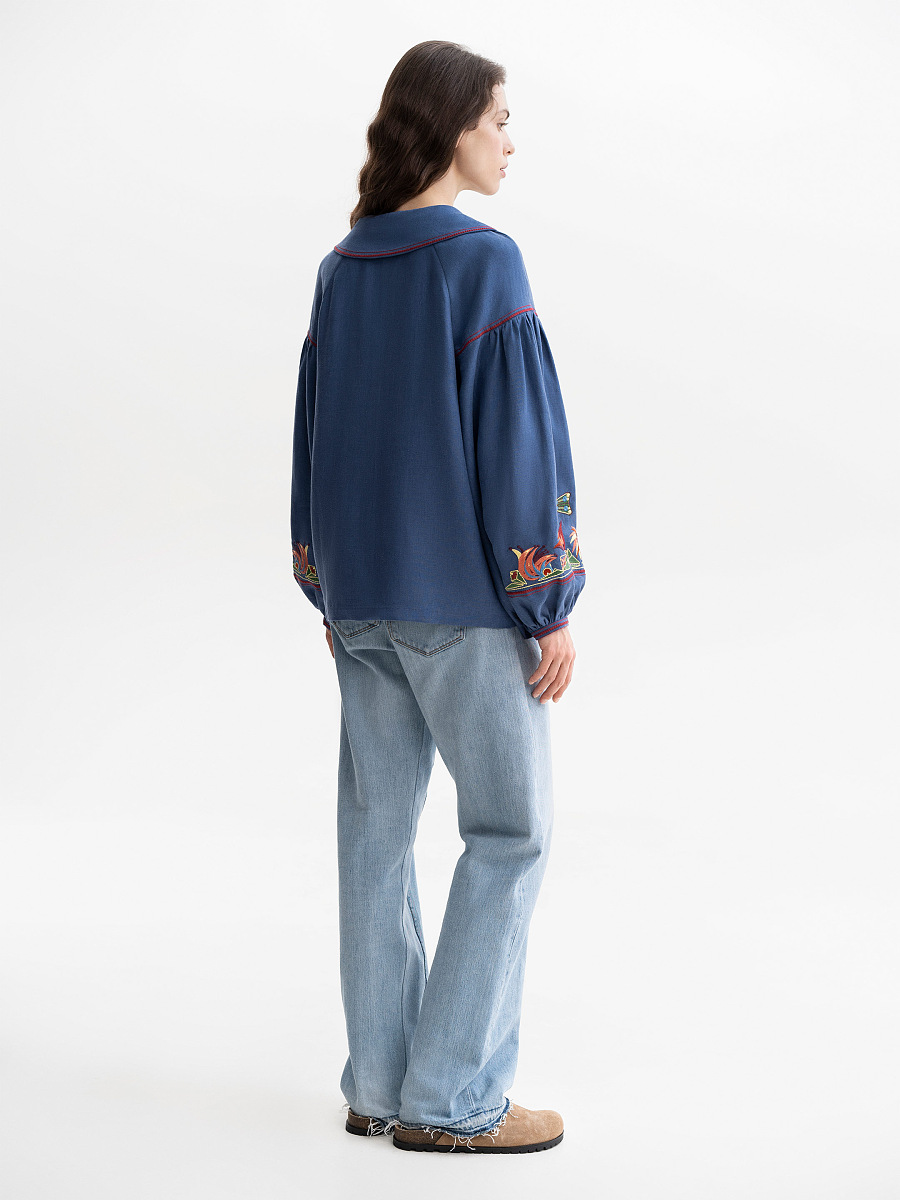 Жіноча вишиванка синього кольору із барвистою вишивкою "Маріуполь"  фото 2