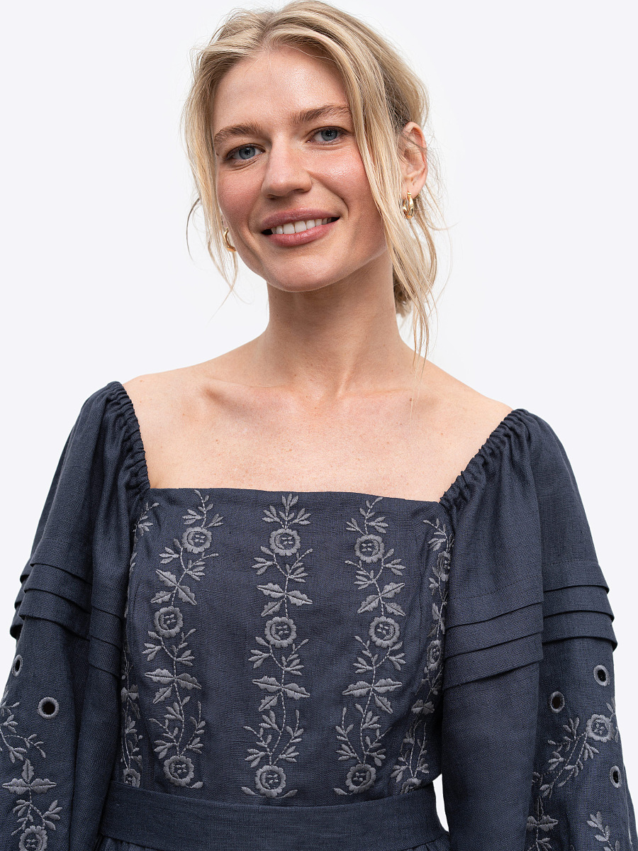 Лляна сукня з вишивкою "Мить" темна  фото 8