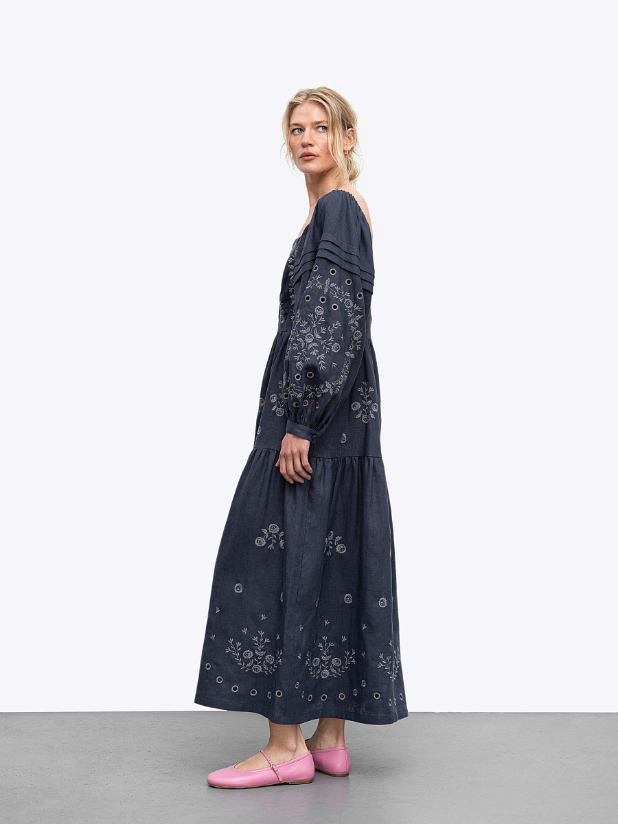 Лляна сукня з вишивкою "Мить" темна  фото 4