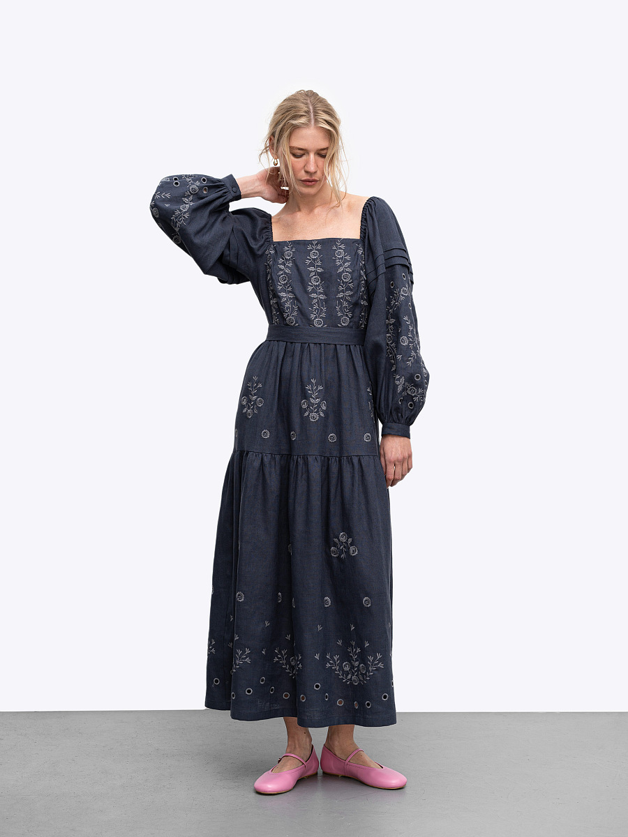 Лляна сукня з вишивкою "Мить" темна  фото 5