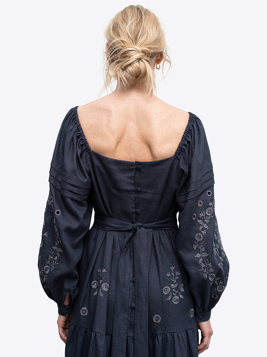 Лляна сукня з вишивкою "Мить" темна  фото 3