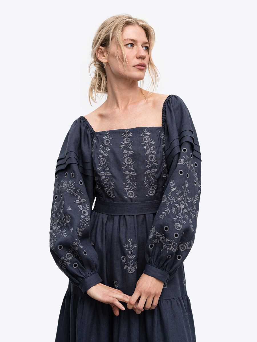 Лляна сукня з вишивкою "Мить" темна  фото 6