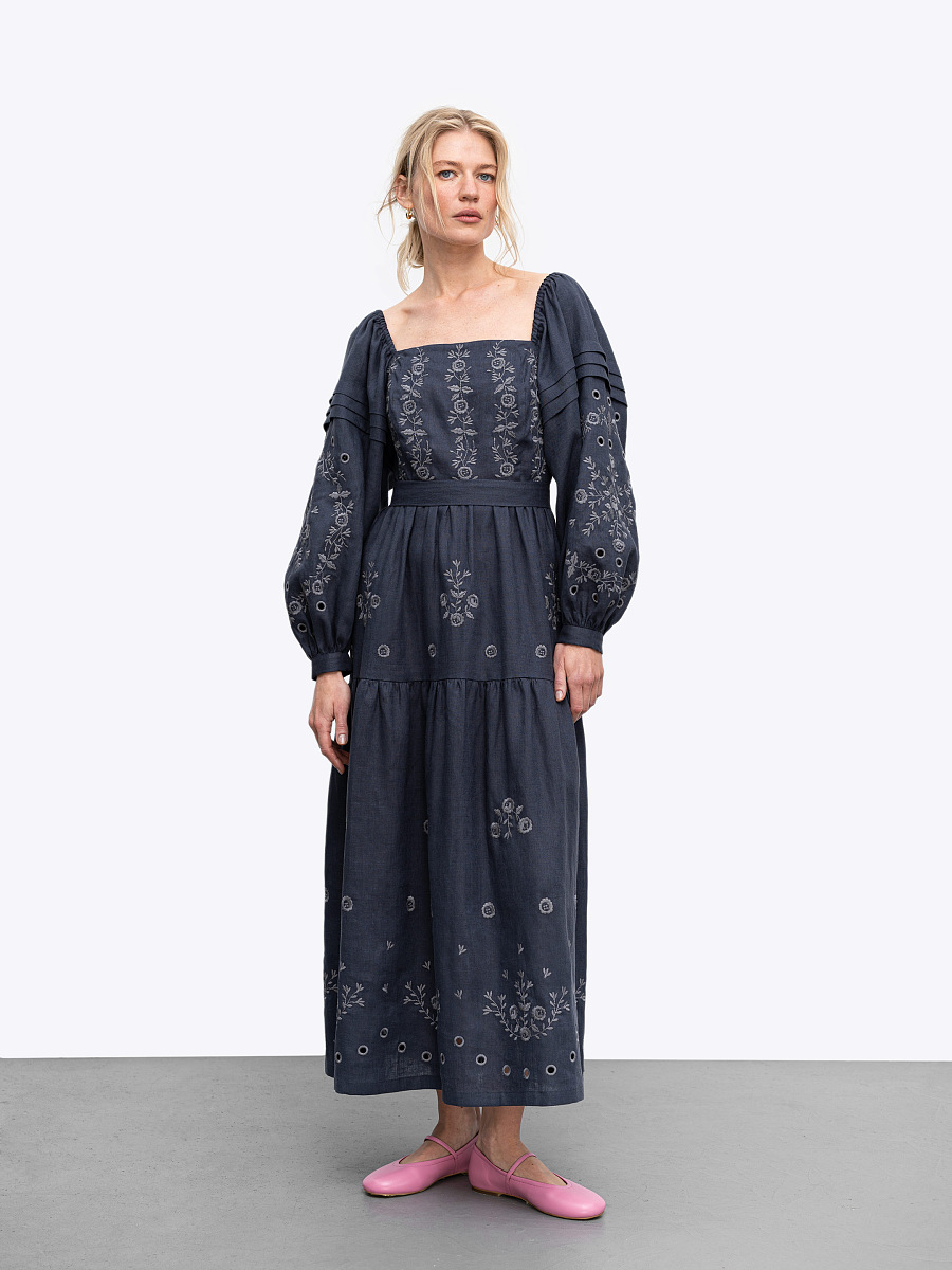 Лляна сукня з вишивкою "Мить" темна  фото