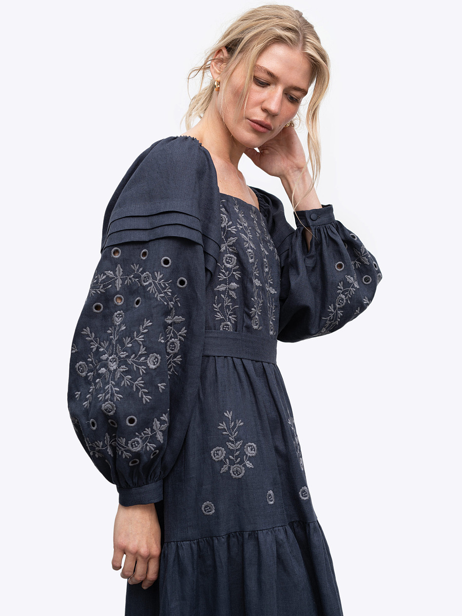 Лляна сукня з вишивкою "Мить" темна  фото 2