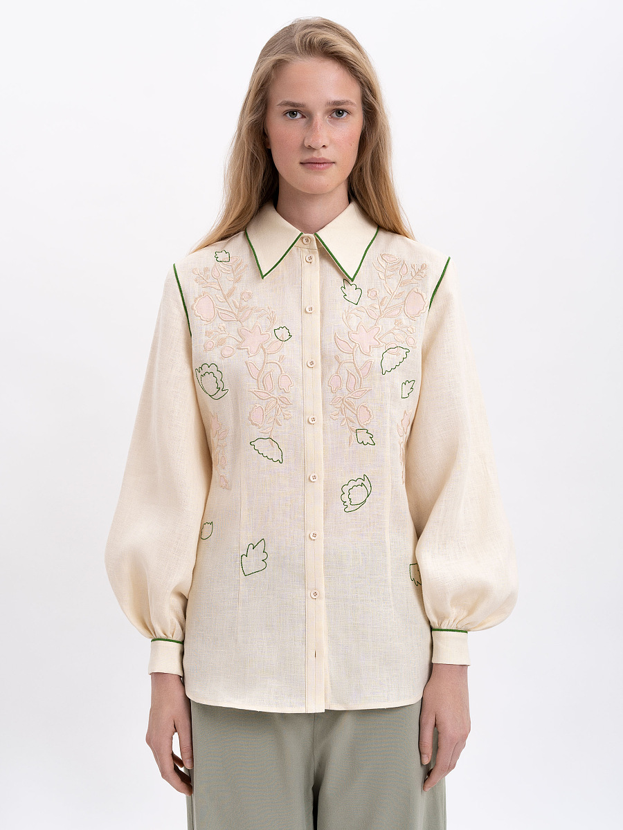 Лляна вишита сорочка молочного кольору "Журавлина"  фото