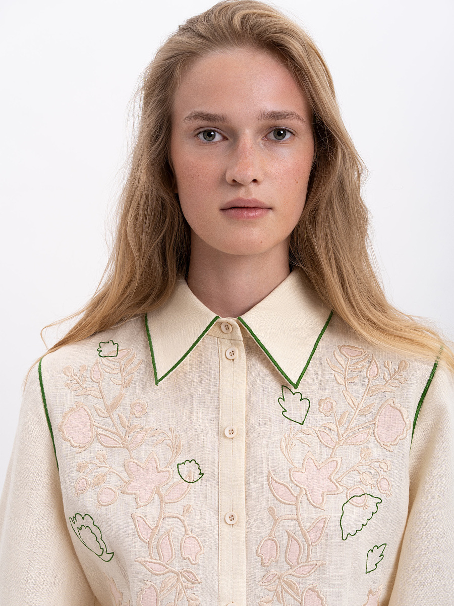 Лляна вишита сорочка молочного кольору "Журавлина"  фото 3