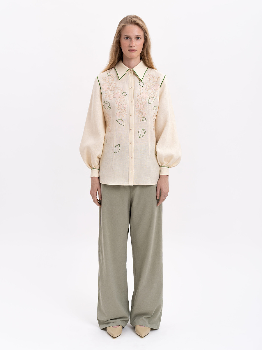 Лляна вишита сорочка молочного кольору "Журавлина"  фото 2