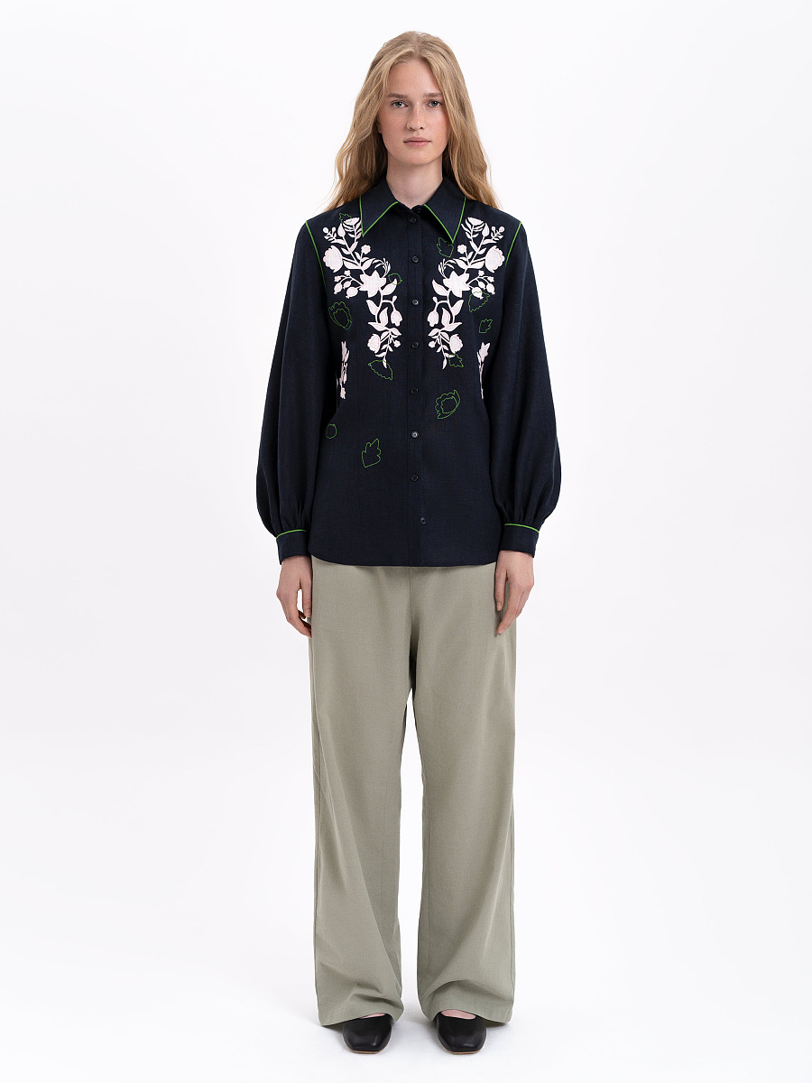 Лляна вишита сорочка чорного кольору "Журавлина"  фото 2