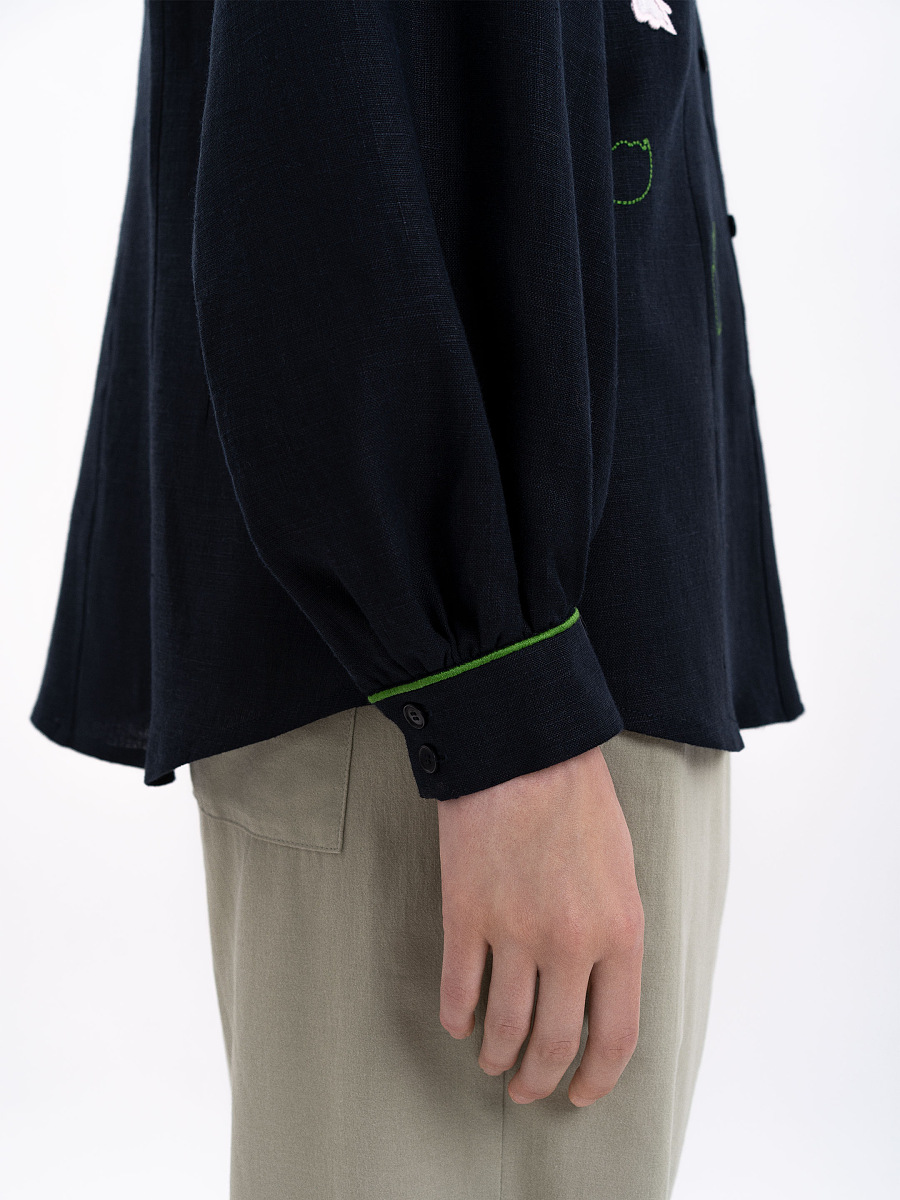 Лляна вишита сорочка чорного кольору "Журавлина"  фото 6