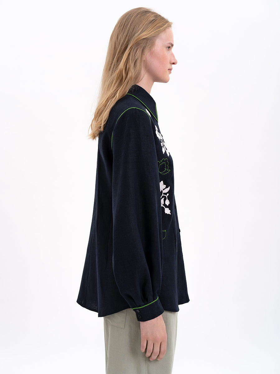 Лляна вишита сорочка чорного кольору "Журавлина"  фото 5