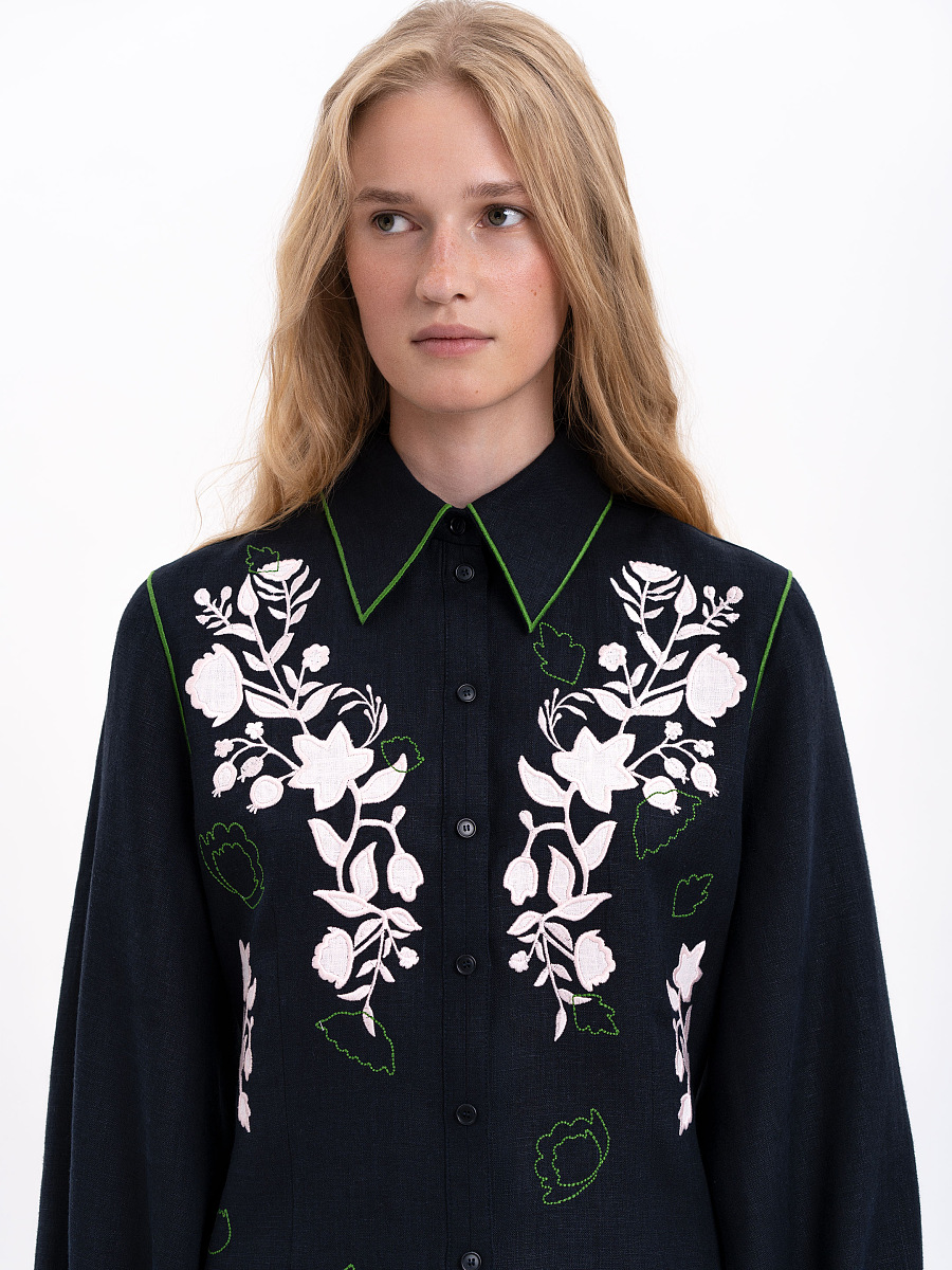 Лляна вишита сорочка чорного кольору "Журавлина"  фото