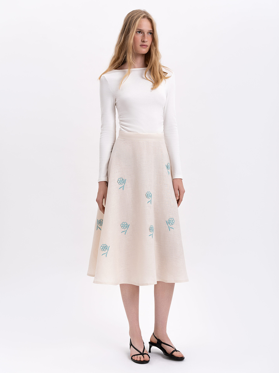 Лляна вишита спідниця молочного кольору "Адокса"  фото