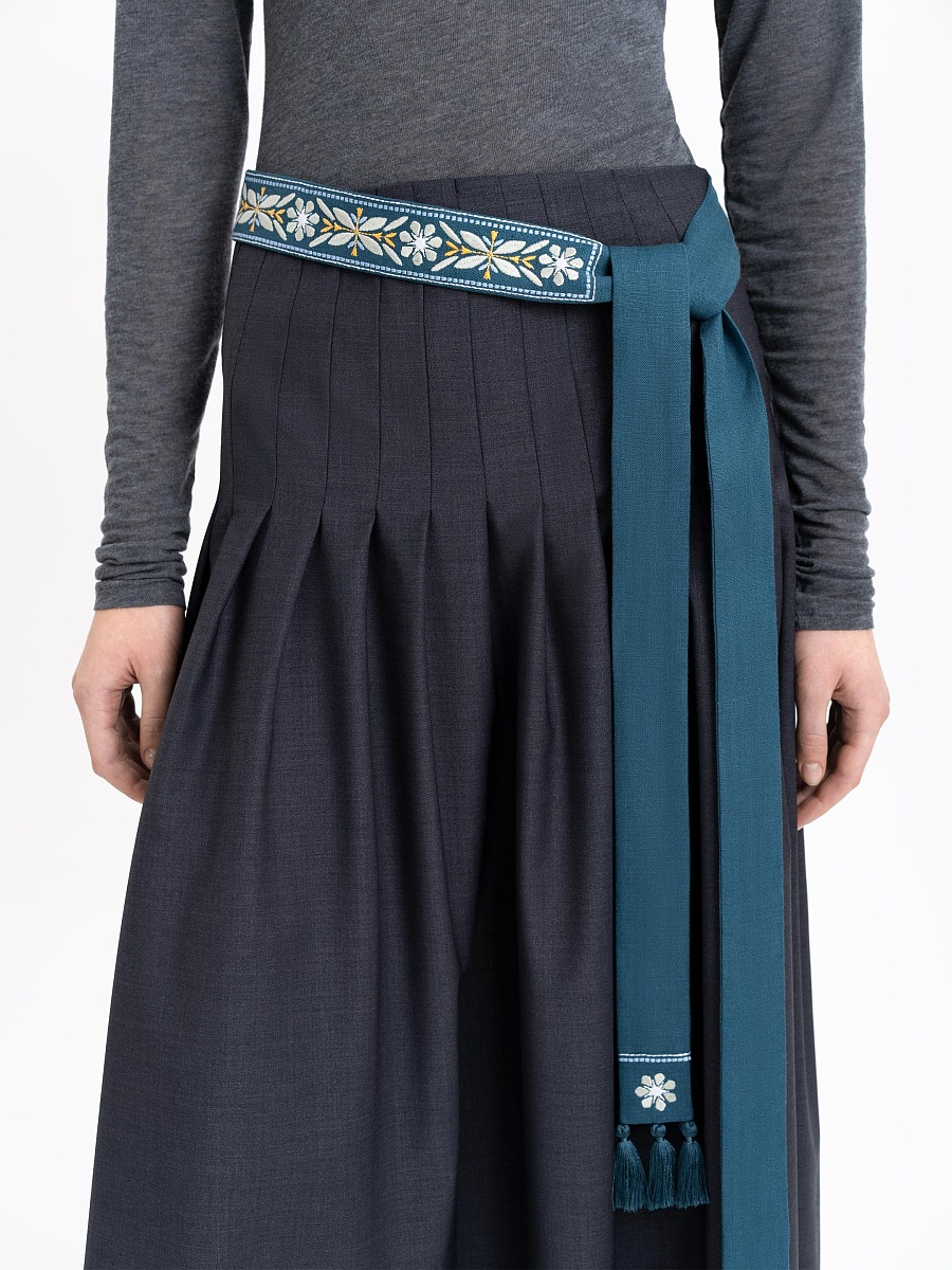 Лляний вишитий пасок ціанового кольору "Флора"  фото 2