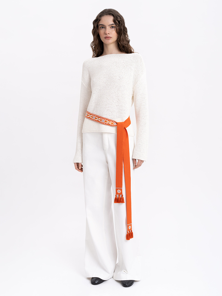 Лляний вишитий пасок морквяного кольору "Флора"  фото