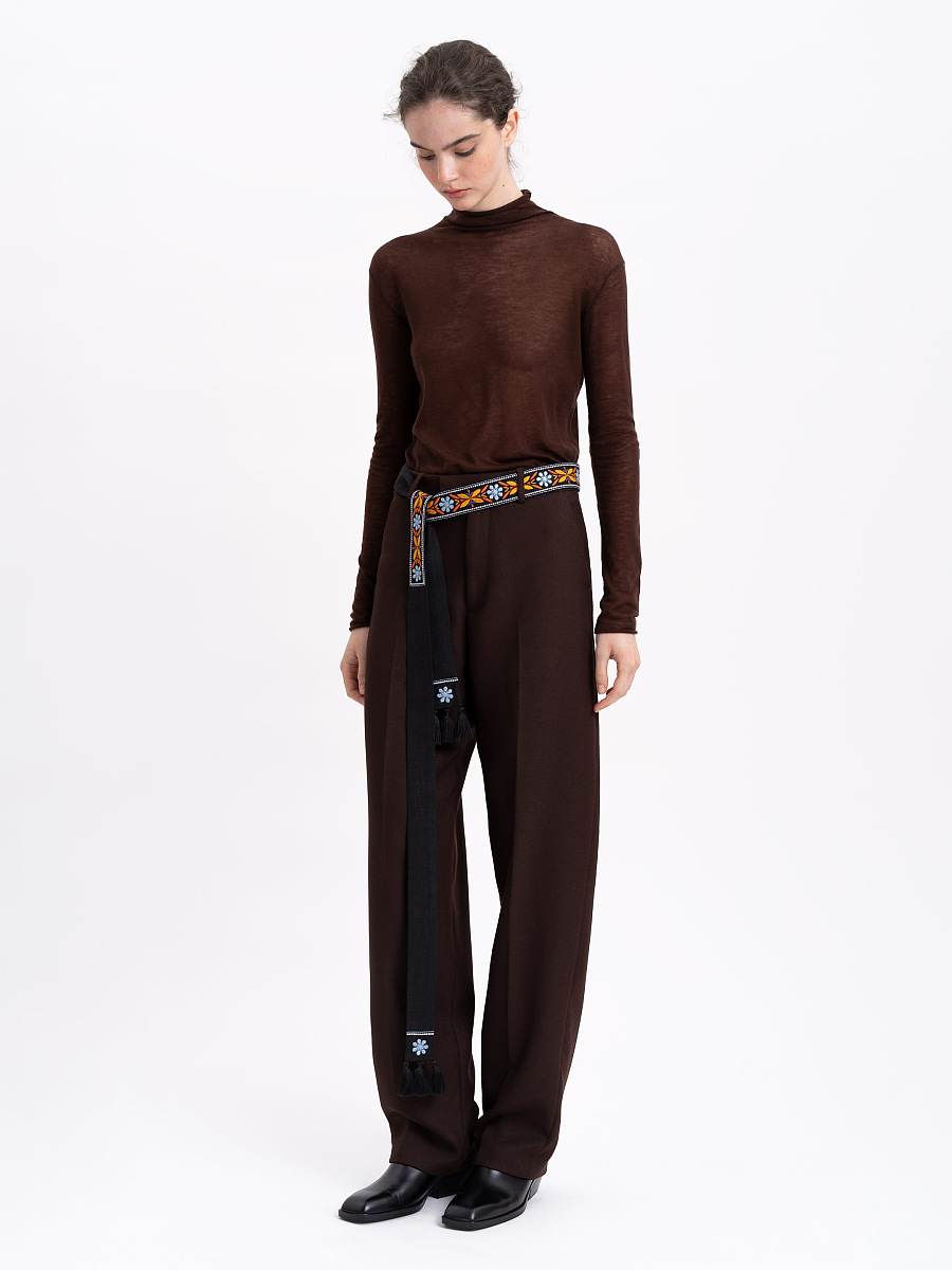 Лляний пасок чорного кольору з помаранчевою вишивкою "Флора"  фото