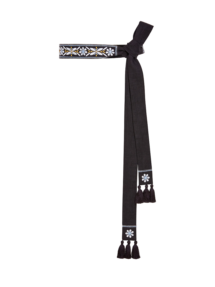 Лляний пасок чорного кольору з блакитною вишивкою "Флора"  фото 4
