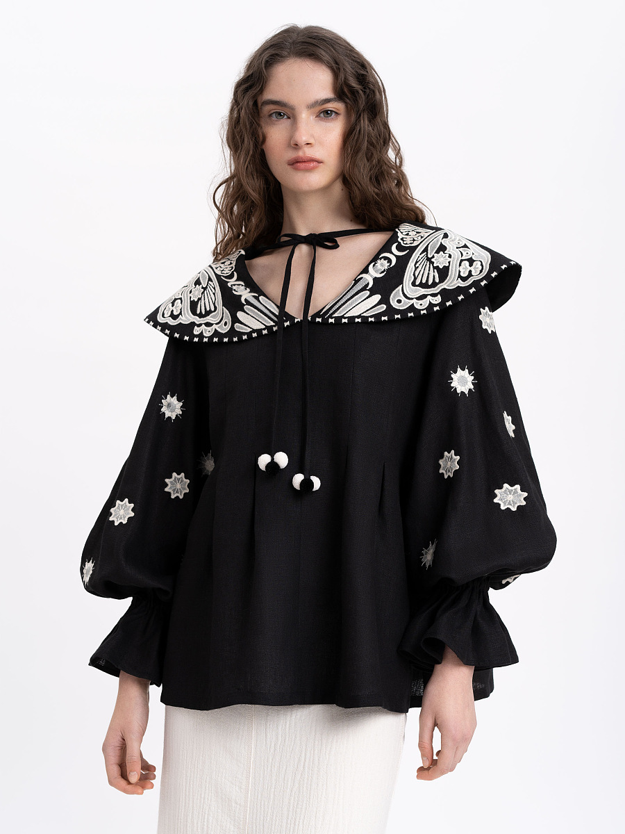 Лляна вишита блуза з розлогим коміром "Легіт"  фото