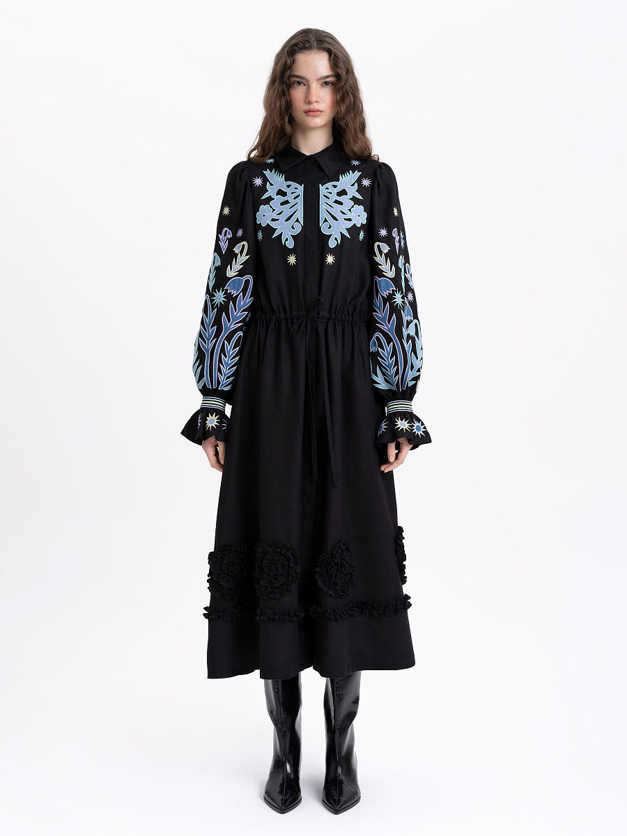 Довга вишита сукня чорного кольору "Північ"  фото